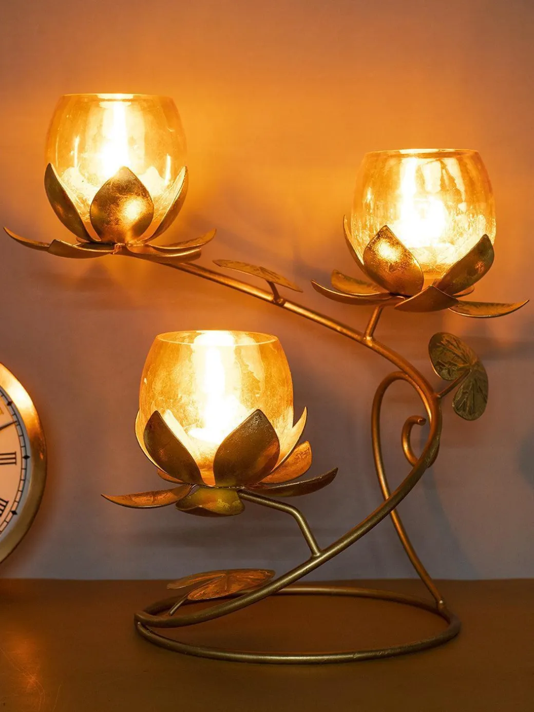 Gold 3In1 Glass Flower Tea Light Candle Holder