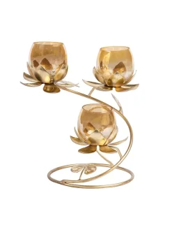 Gold 3In1 Glass Flower Tea Light Candle Holder
