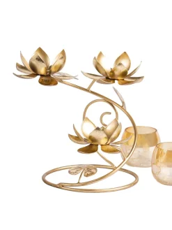Gold 3In1 Glass Flower Tea Light Candle Holder