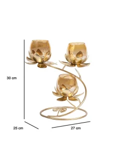 Gold 3In1 Glass Flower Tea Light Candle Holder