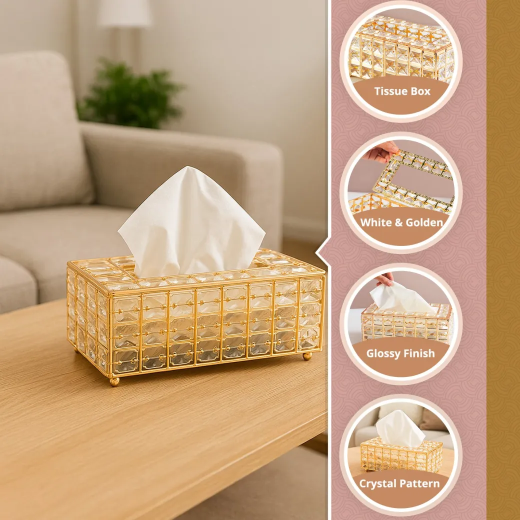 Golden Crystal Glass Tissue Box - Rectangle Shape