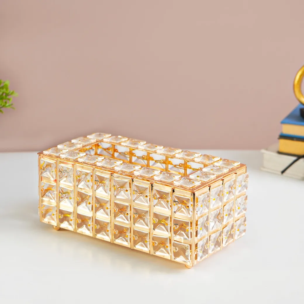 Golden Crystal Glass Tissue Box - Rectangle Shape