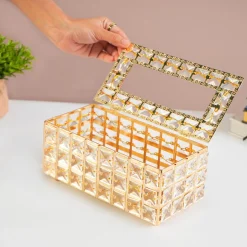 Golden Crystal Glass Tissue Box - Rectangle Shape