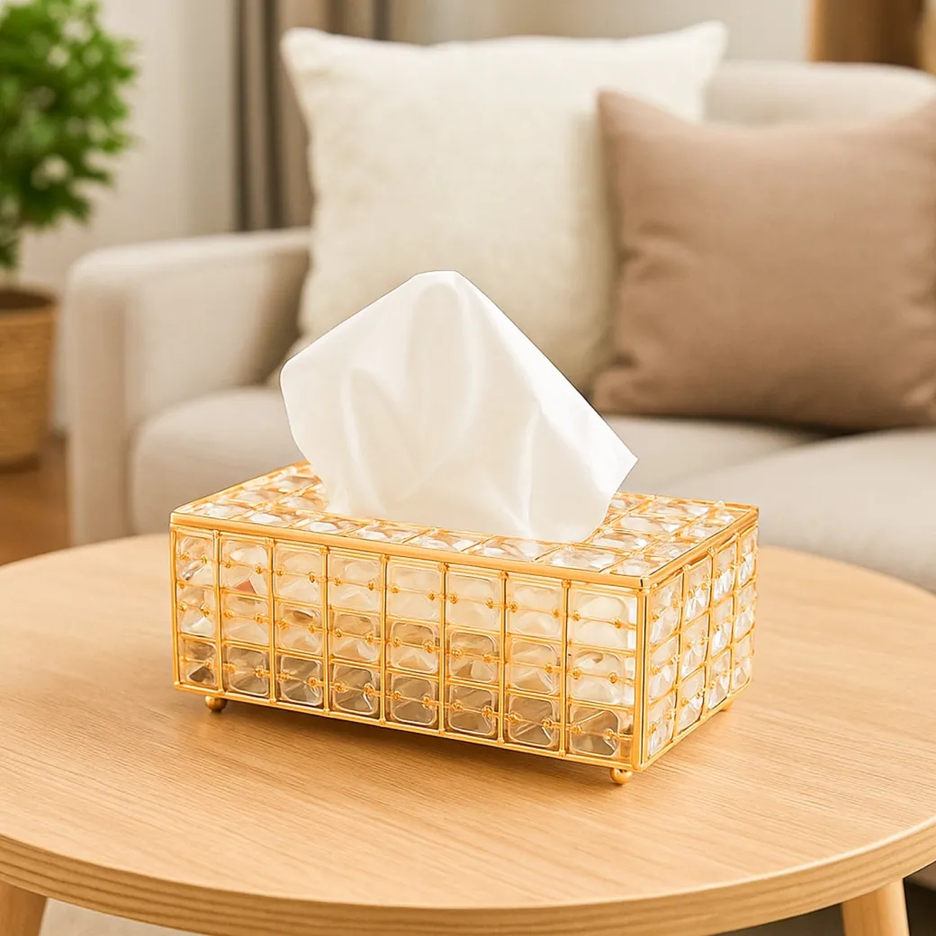 Golden Crystal Glass Tissue Box - Rectangle Shape