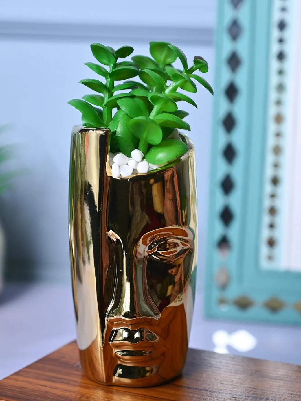 Golden Serenity - Face Design Artificial Plant with Pot