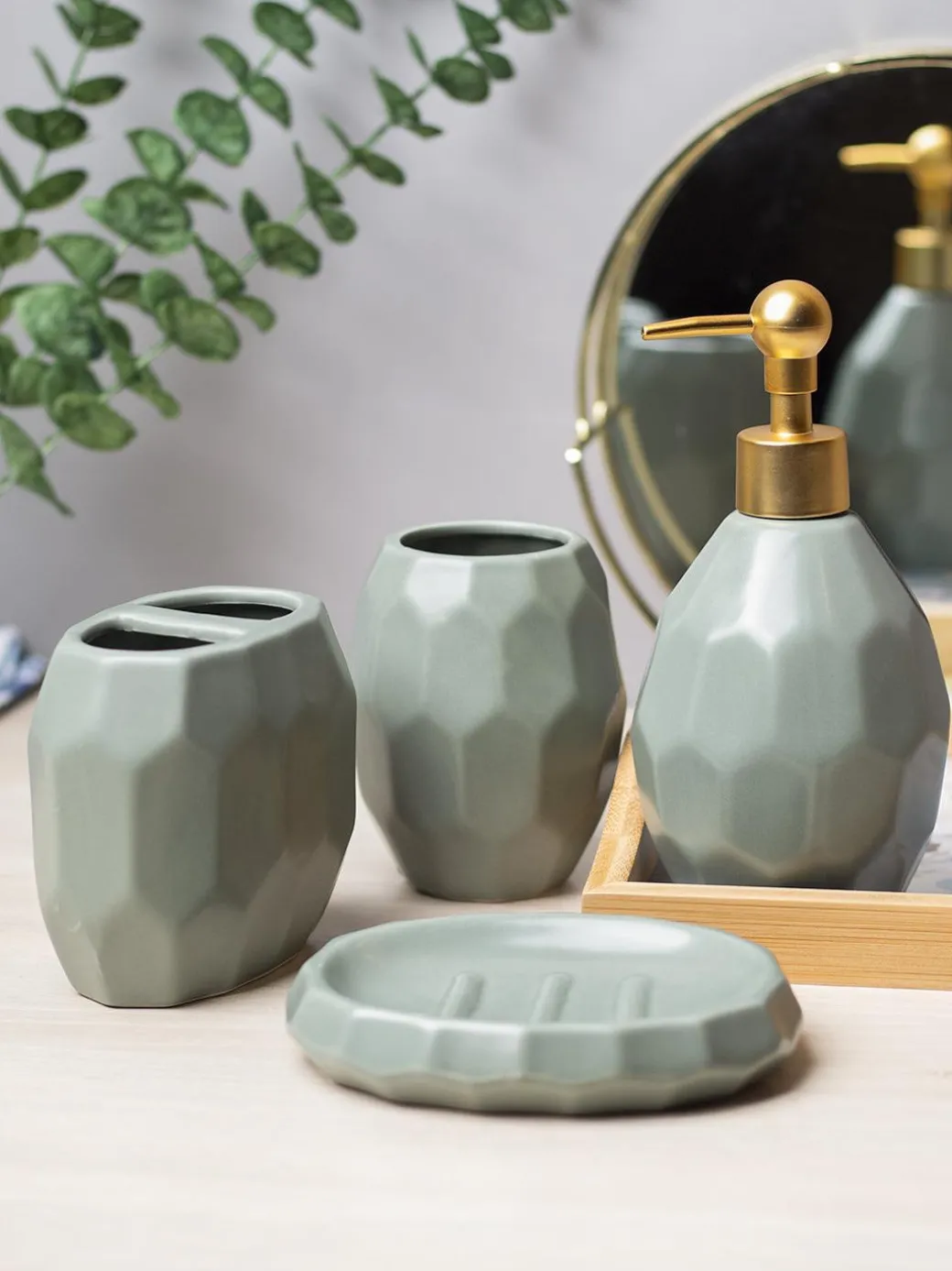 Green Ceramic Bathroom Set Of 4 - Stone Finish, Bath Accessories