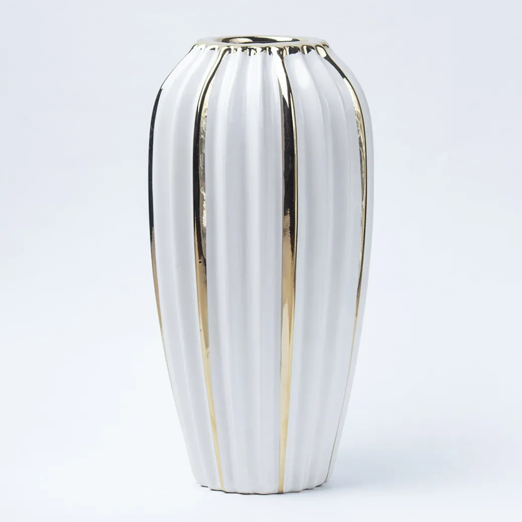 Grey Ceramic Vase - Ribbed Design, Flower Holder