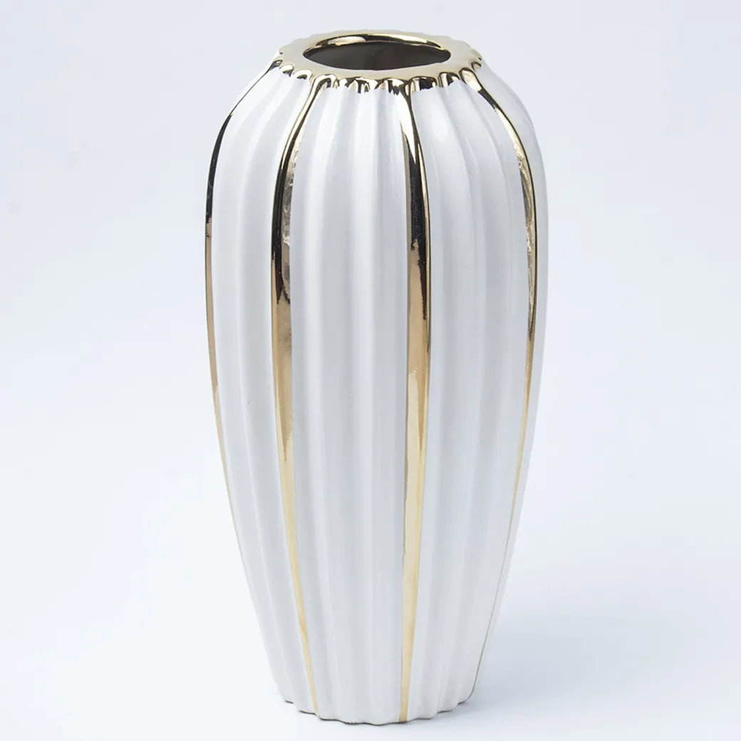 Grey Ceramic Vase - Ribbed Design, Flower Holder