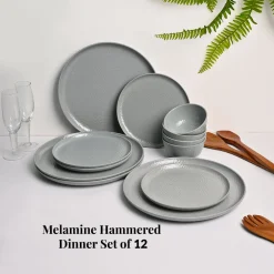 Grey Hammered Melamine Dinner Set – 12 Pcs
