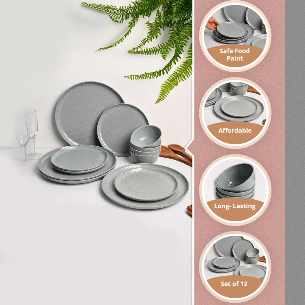 Grey Hammered Melamine Dinner Set – 12 Pcs