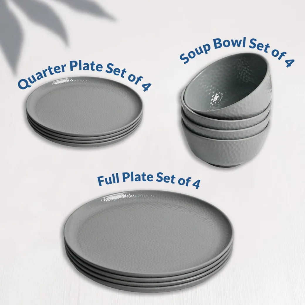 Grey Hammered Melamine Dinner Set – 12 Pcs