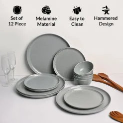 Grey Hammered Melamine Dinner Set – 12 Pcs
