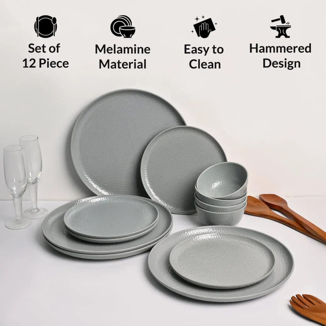 Grey Hammered Melamine Dinner Set – 12 Pcs
