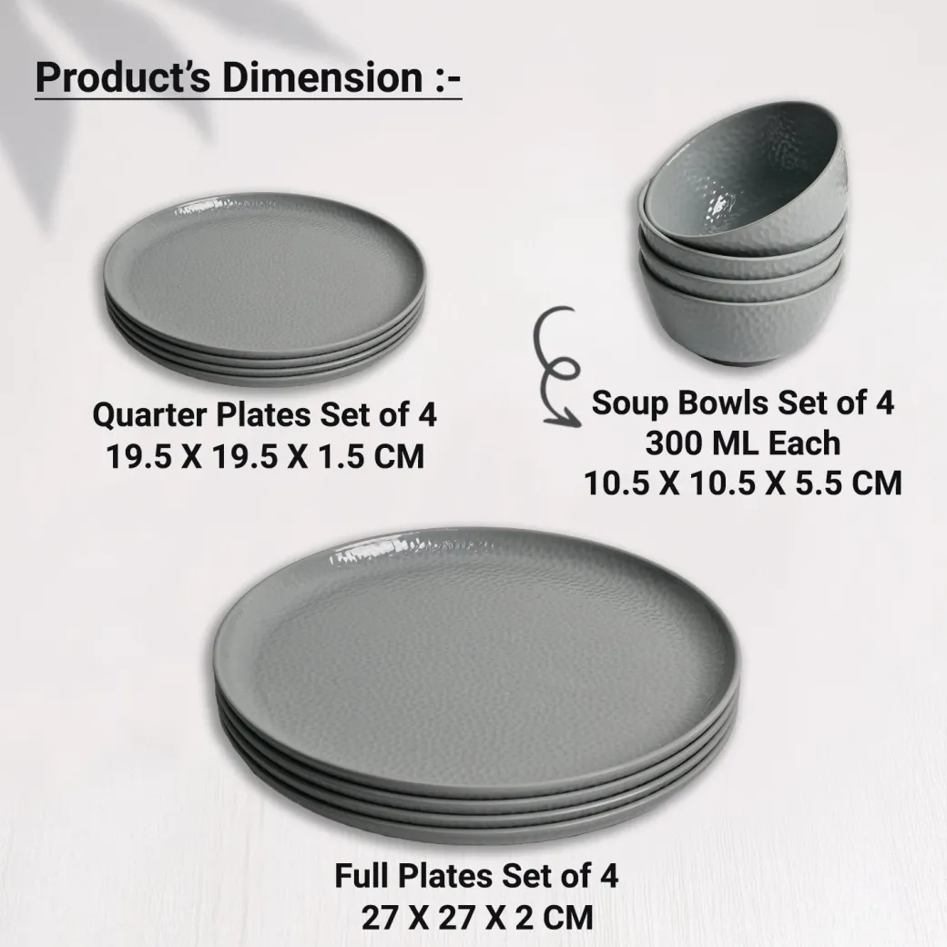 Grey Hammered Melamine Dinner Set – 12 Pcs