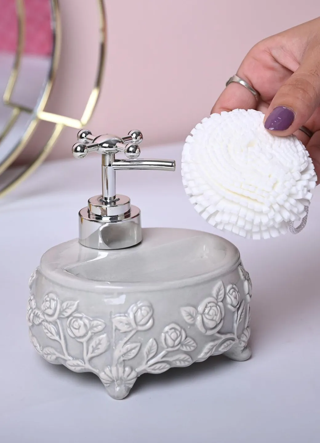 Grey Kitchen Dispenser Set with Scrubber - Oval Shape