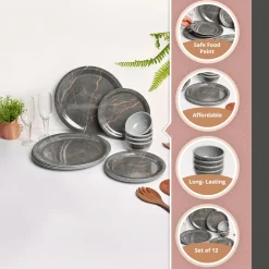 Grey Static Melamine Dinner Set – 12 Pcs