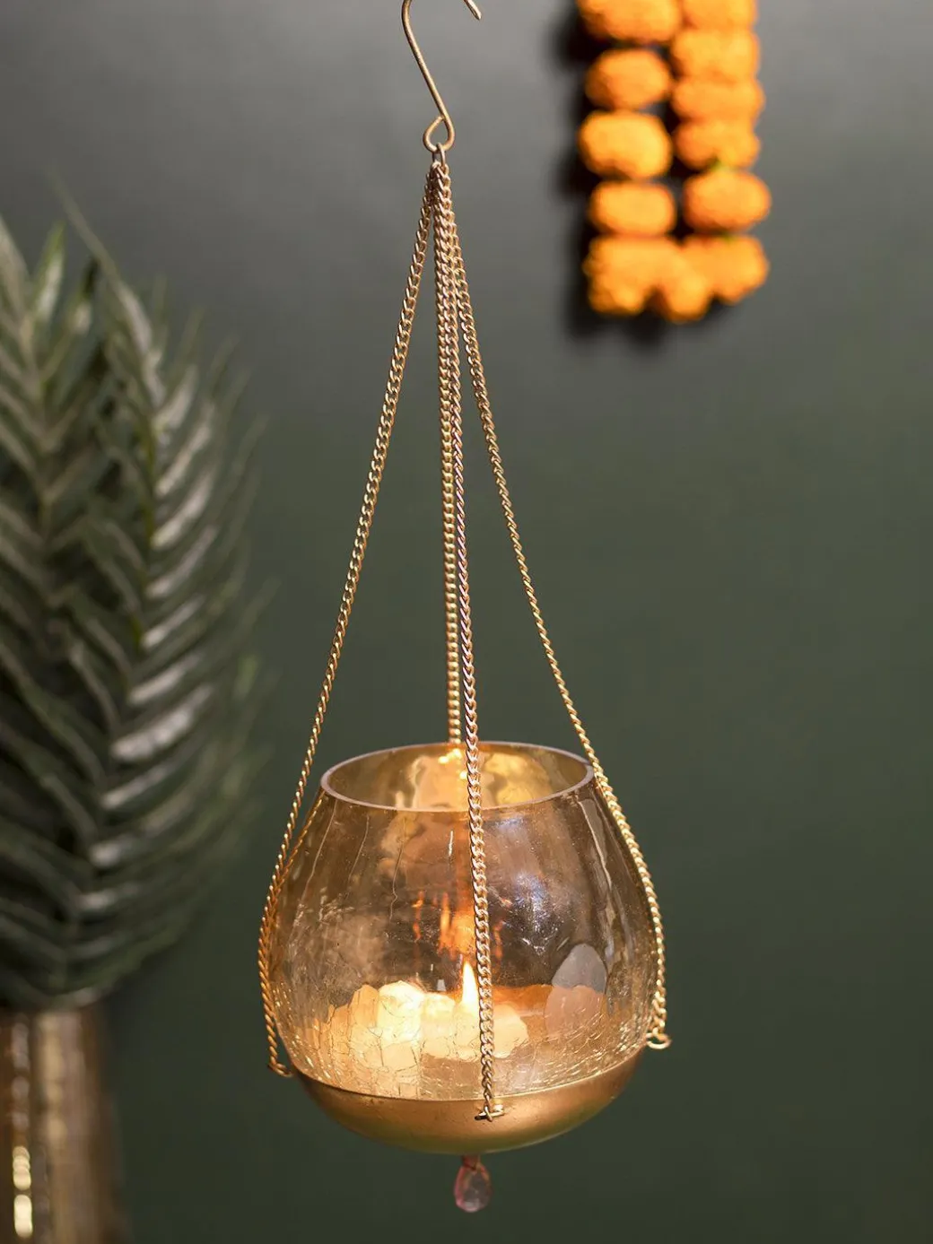 Hanging Gold Glass Flower Candle Holder