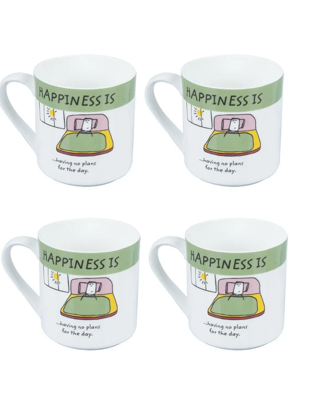 'HAPPINESS IS' Ceramic Coffee Mugs (Set of 4, 340 mL)