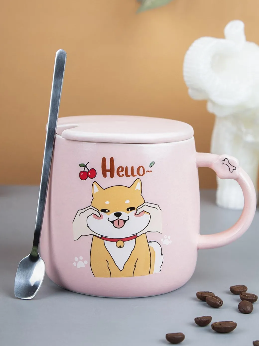 'HELLO' Coffee Mug With Lid - Pink, Cat, 420 Ml