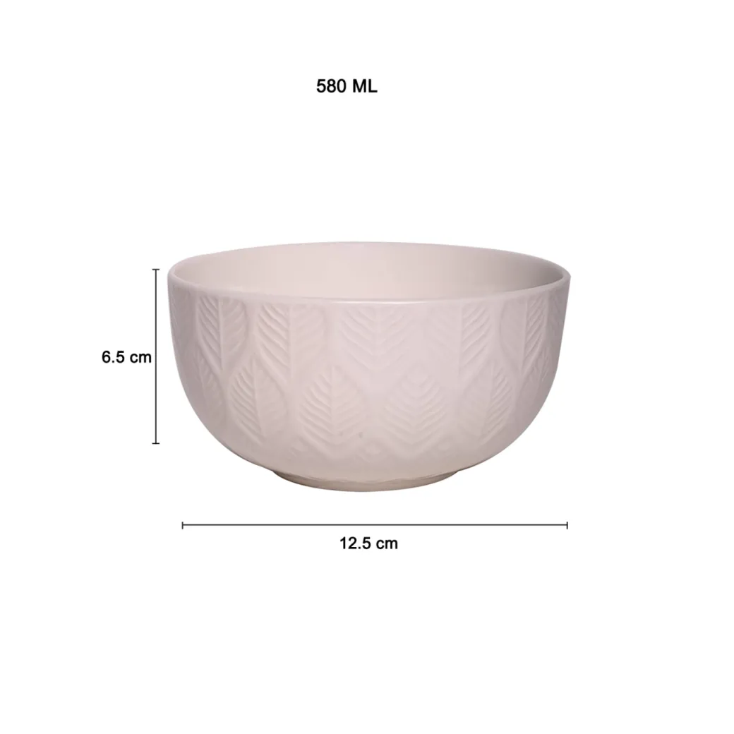 Ivory Ceramic Bowl - 580Ml, Leaf Pattern