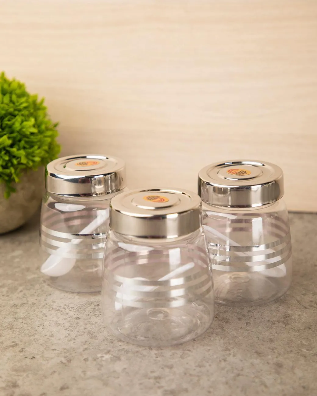 Jar, with Steel Cap, Transparent & Silver, Plastic, Set of 3, 200 mL