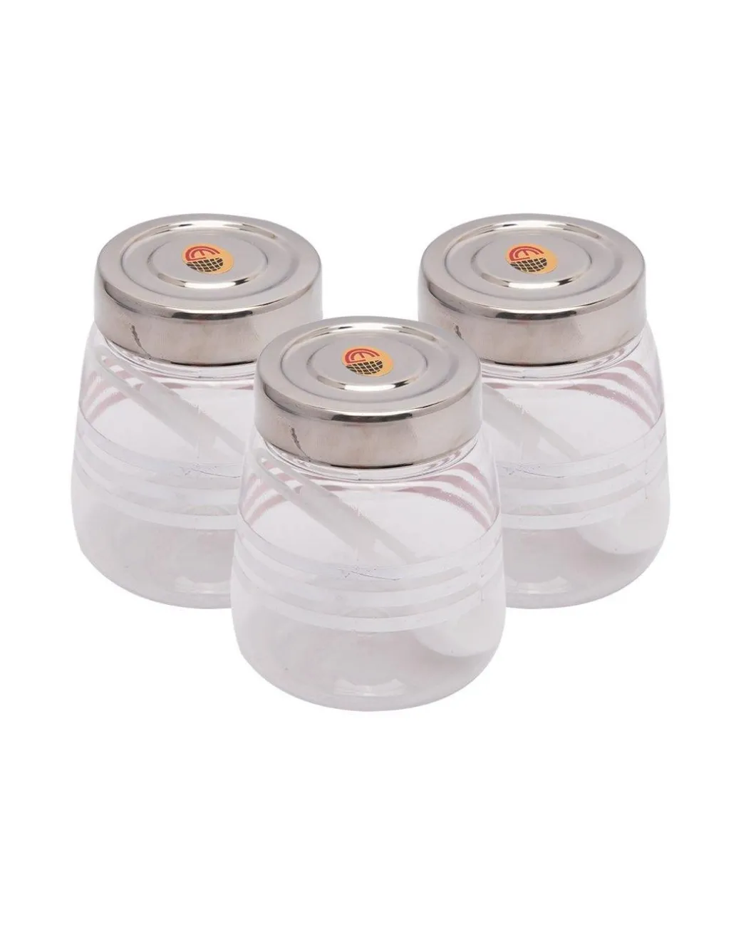 Jar, with Steel Cap, Transparent & Silver, Plastic, Set of 3, 200 mL