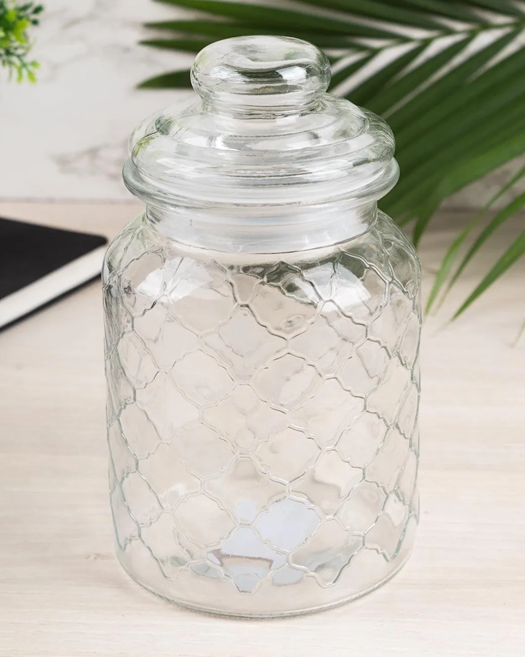 Kitchen Jar with Lid, Transparent (Grid Pattern), Glass, 600 mL
