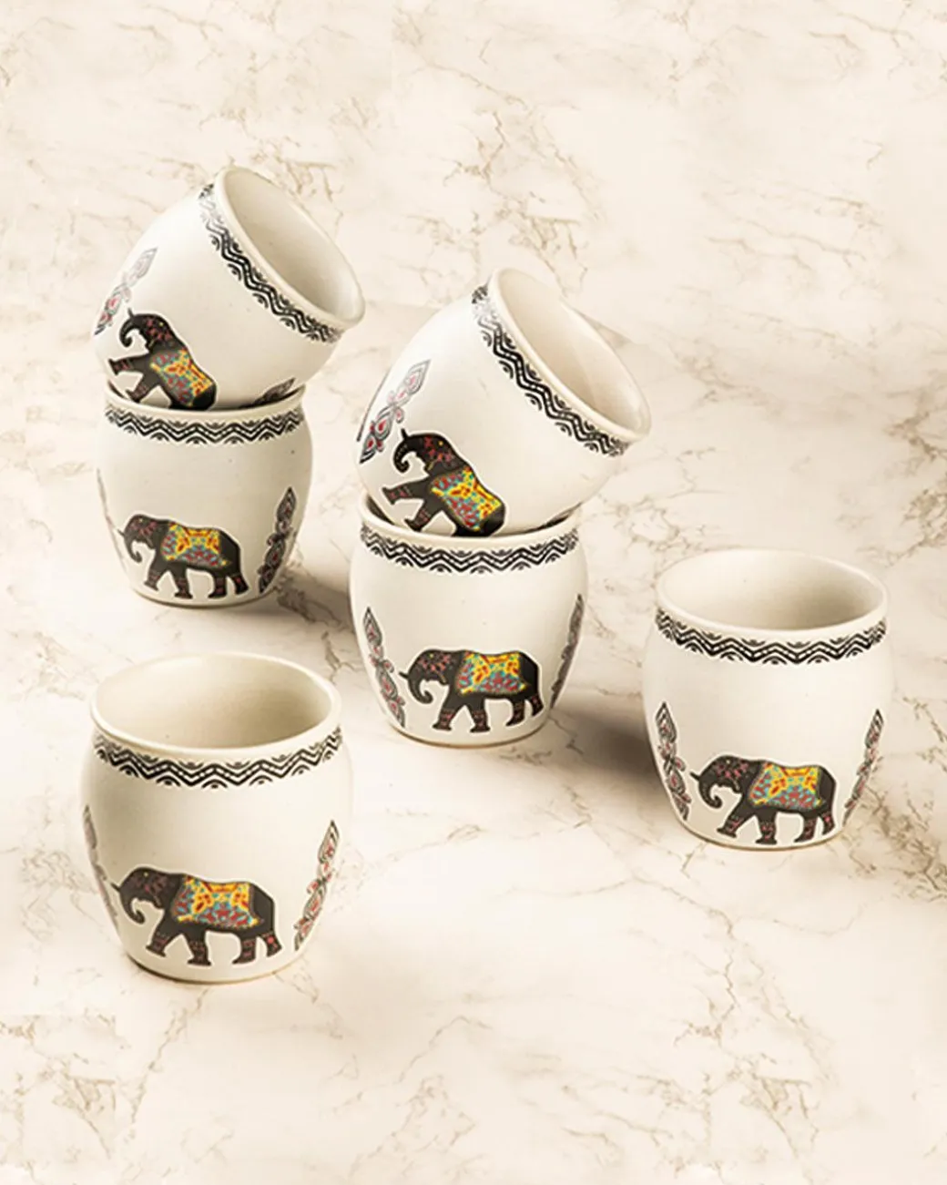 Kulhads, Hand Painted, Handmade, Indian Traditional Style Kulhad, Off White Colour, Ceramic, Set of 6, 130 mL