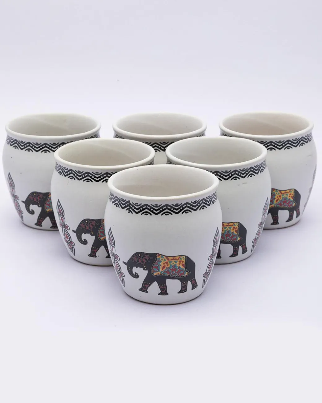 Kulhads, Hand Painted, Handmade, Indian Traditional Style Kulhad, Off White Colour, Ceramic, Set of 6, 130 mL