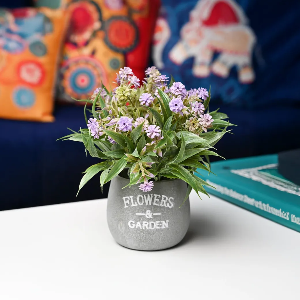 Lavender & Green Artificial Flower with Pot - Cylindrical Shape with "Flowers & Garden" Print