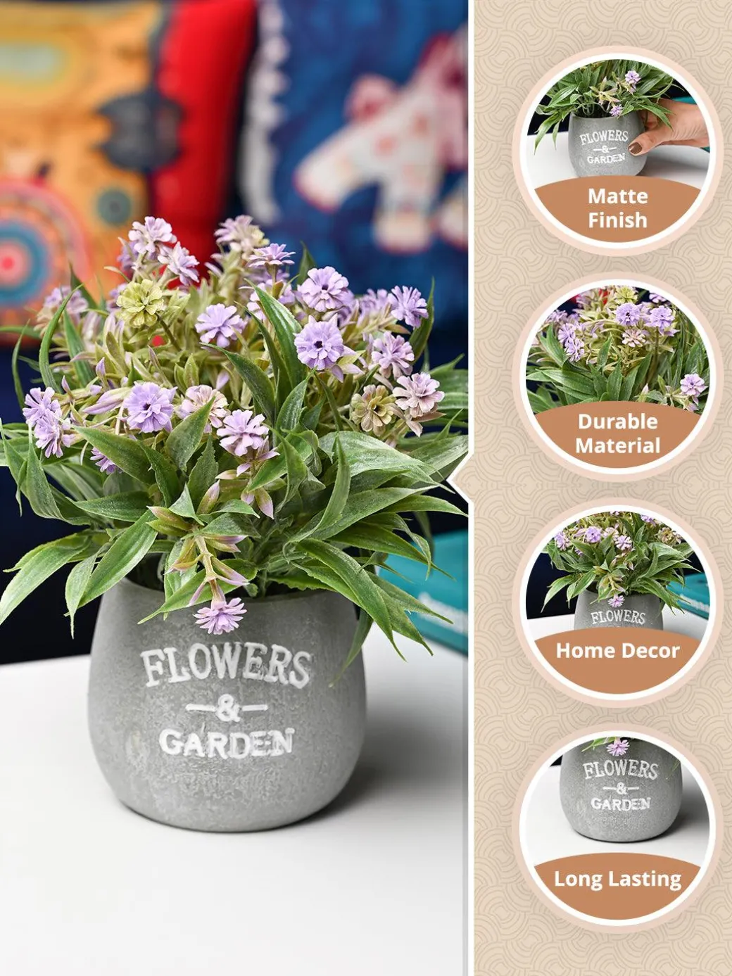 Lavender & Green Artificial Flower with Pot - Cylindrical Shape with "Flowers & Garden" Print