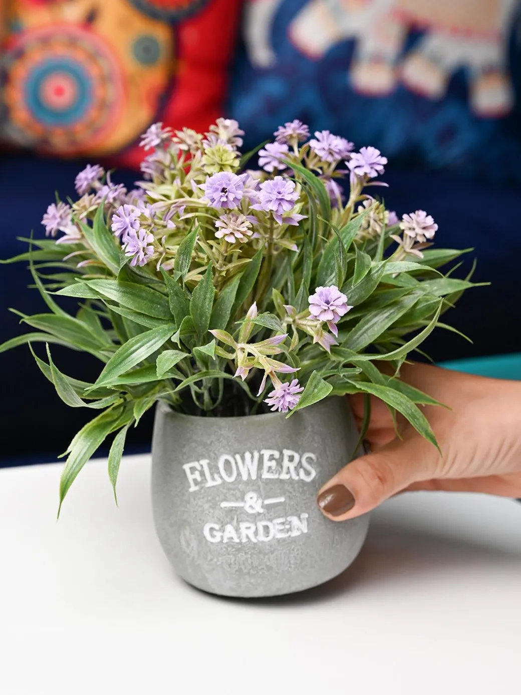 Lavender & Green Artificial Flower with Pot - Cylindrical Shape with "Flowers & Garden" Print