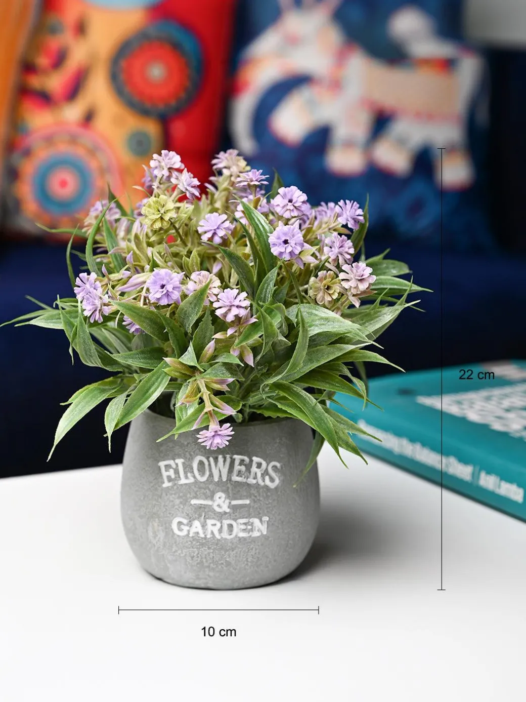 Lavender & Green Artificial Flower with Pot - Cylindrical Shape with "Flowers & Garden" Print