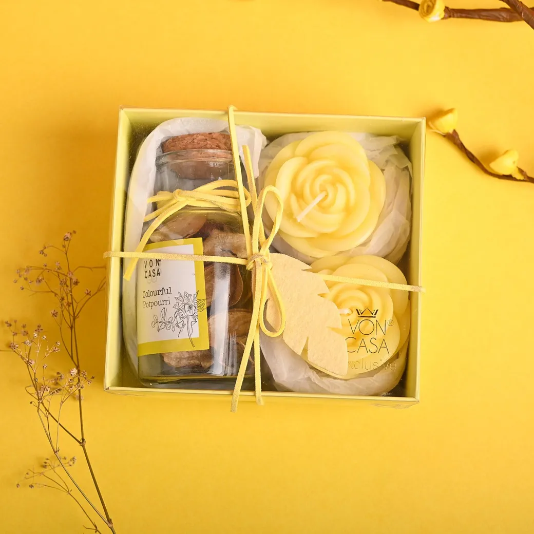 Lemon Rain Flower Candles & Potpourri Set