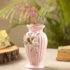 Light Pink Ceramic Curvy Vase - Engraved Floral Pattern, Flower Holder