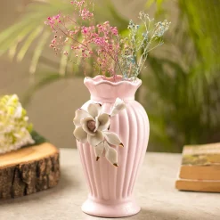 Light Pink Ceramic Curvy Vase - Engraved Floral Pattern, Flower Holder