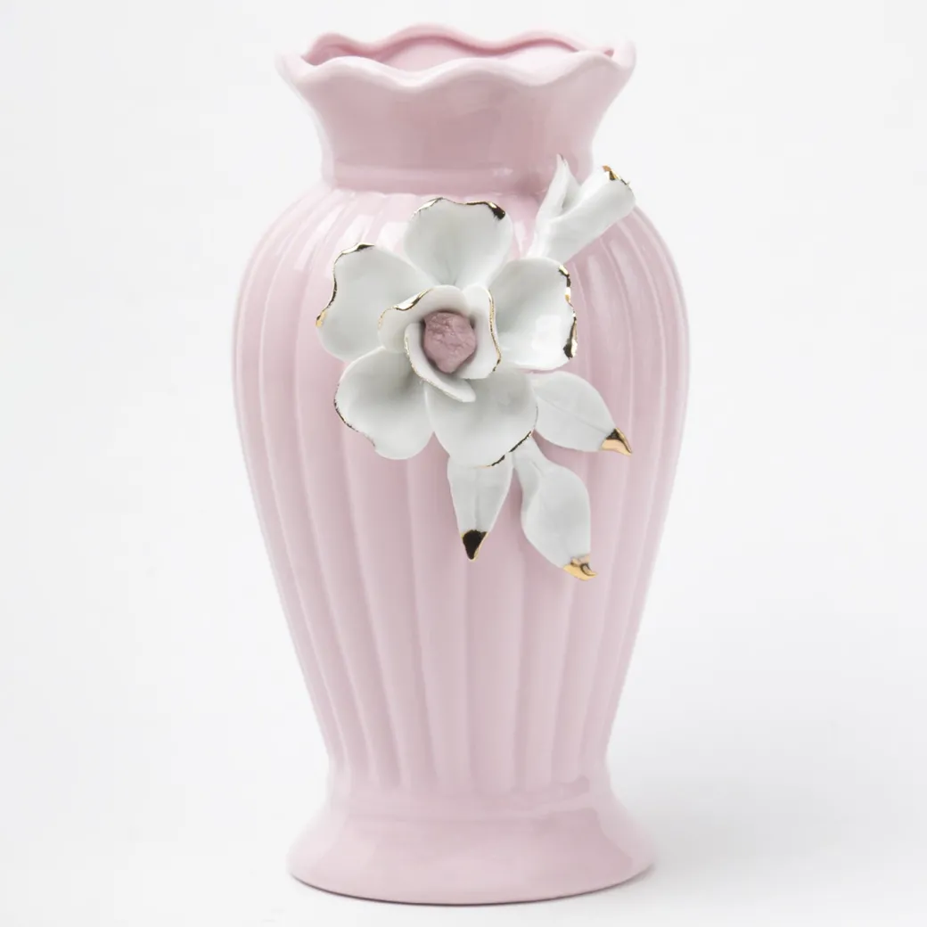 Light Pink Ceramic Curvy Vase - Engraved Floral Pattern, Flower Holder