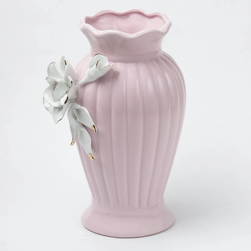 Light Pink Ceramic Curvy Vase - Engraved Floral Pattern, Flower Holder