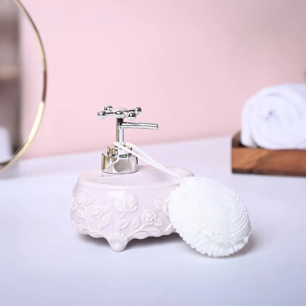 Light Pink Kitchen Dispenser Set with Scrubber - Oval Shape