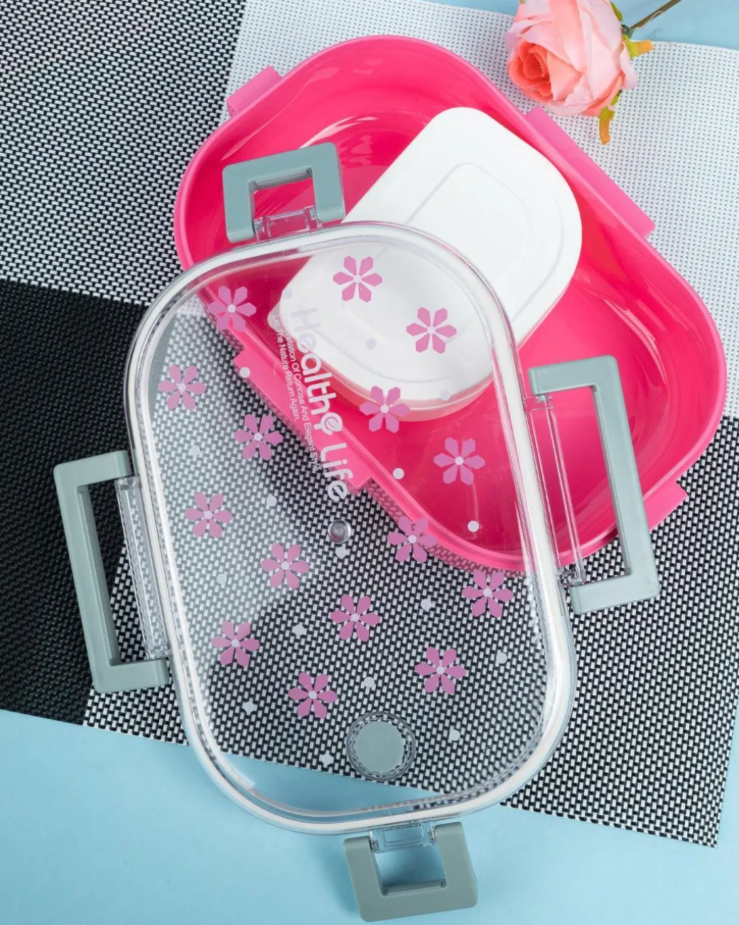 Lunch Box, Floral Print, Pink, Plastic