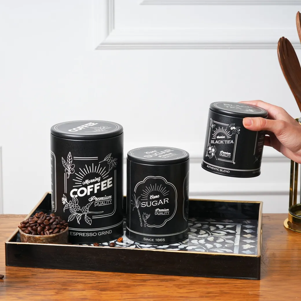 MARKET99 Black Iron Coffee, Tea & Sugar Jars - (1000 ml Each, Set Of 3)