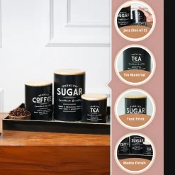 MARKET99 Black Iron Coffee, Tea & Sugar Jars - (1000 ml Each, Set Of 3)