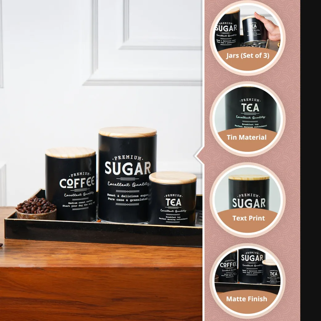 MARKET99 Black Iron Coffee, Tea & Sugar Jars - (1000 ml Each, Set Of 3)
