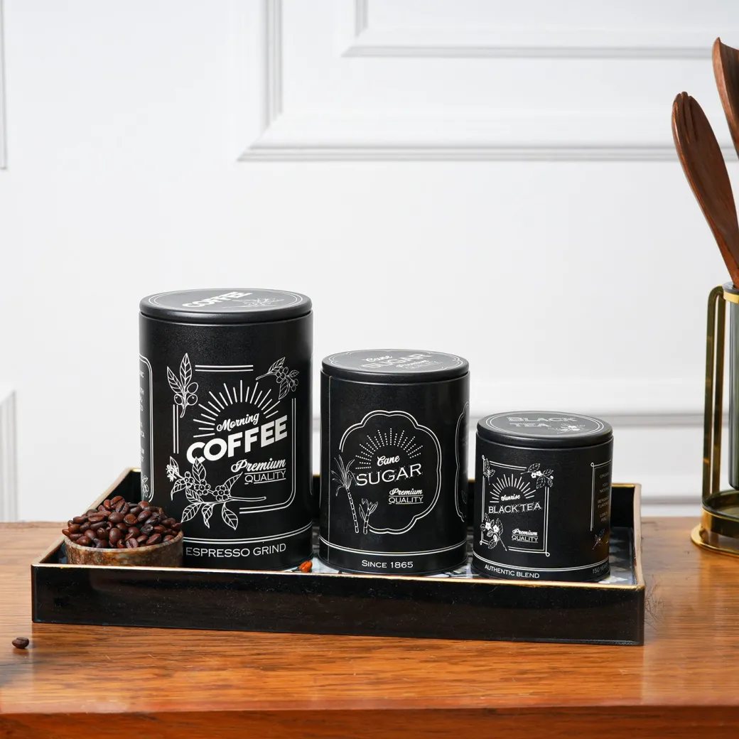 MARKET99 Black Iron Coffee, Tea & Sugar Jars - (1000 ml Each, Set Of 3)