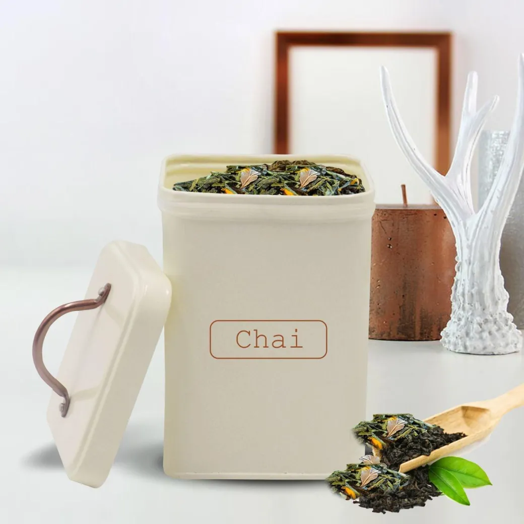 Market99 Chai Jar, Kitchen Decorative, Countertop Metal Storage Jar, Ivory, Mild Steel