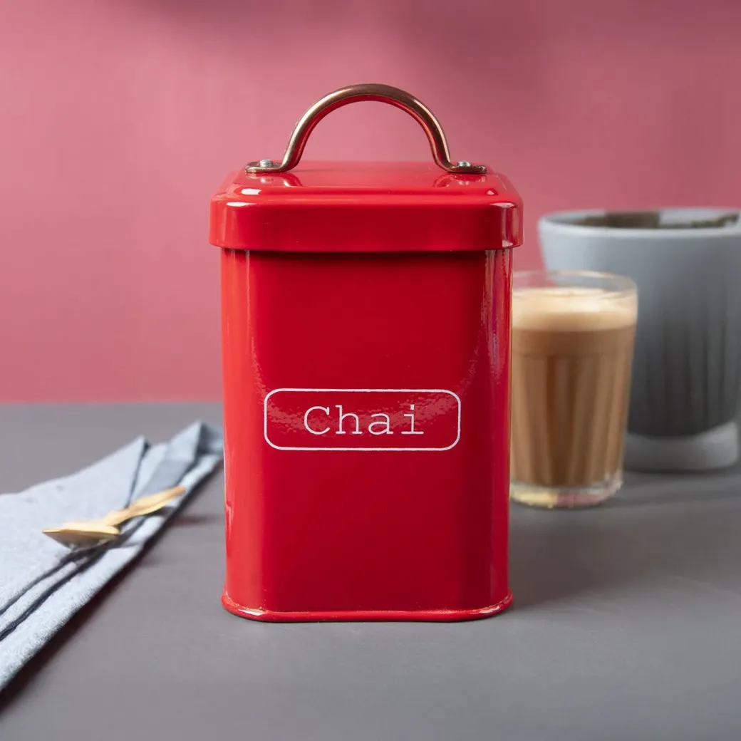 Market99 Chai Jar, Kitchen Decorative, Countertop Metal Storage Jar, Red, Mild Steel | (1 Litre)