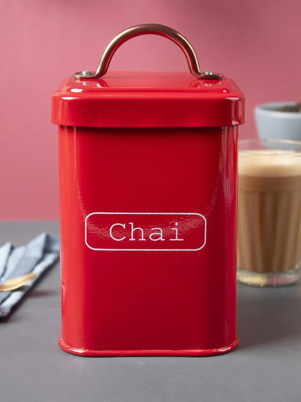 Market99 Chai Jar, Kitchen Decorative, Countertop Metal Storage Jar, Red, Mild Steel | (1 Litre)