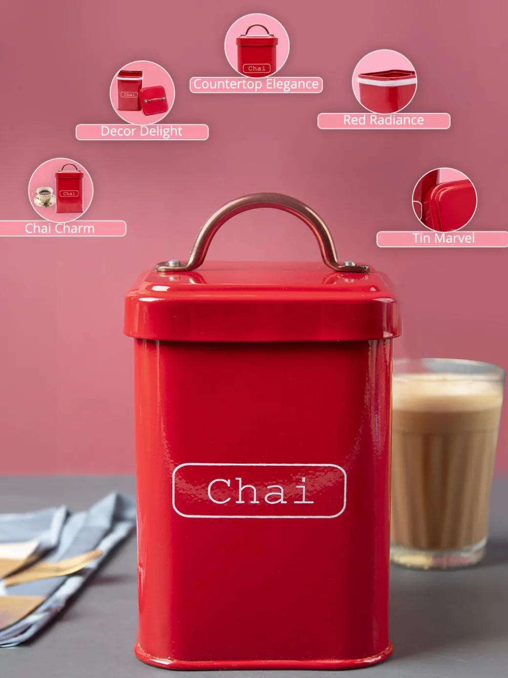 Market99 Chai Jar, Kitchen Decorative, Countertop Metal Storage Jar, Red, Mild Steel | (1 Litre)