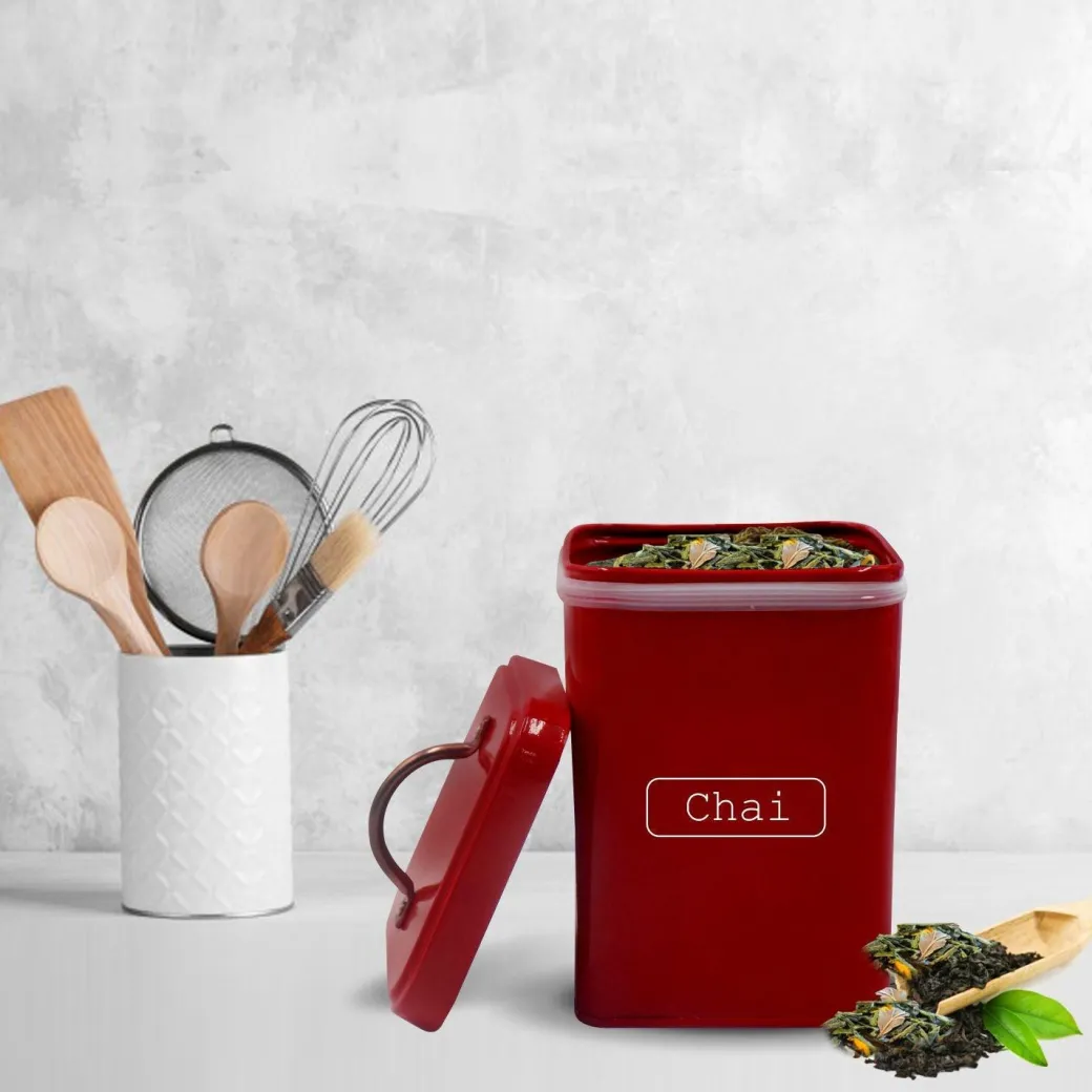 Market99 Chai Jar, Kitchen Decorative, Countertop Metal Storage Jar, Red, Mild Steel | (1 Litre)