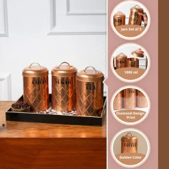 MARKET99 Golden Iron Coffee, Tea & Sugar Jars (Set of 3) - 1000mL Each